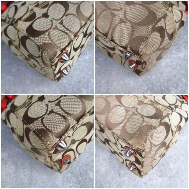 コーチ COACH 美品 ハンプトンズ ショルダーバッグ トートバッグ シグネチャー F13065 コーラルレッド