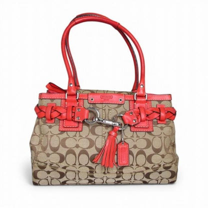 コーチ COACH 美品 ハンプトンズ ショルダーバッグ トートバッグ シグネチャー F13065 コーラルレッド
