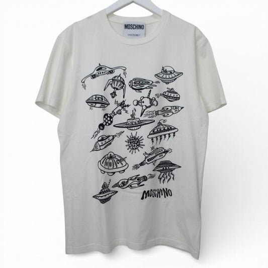 モスキーノ MOSCHINO 美品 Tシャツ 半袖 UFO プリント ホワイト USA38 Lサイズ相当