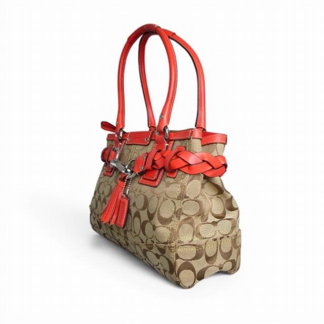 コーチ COACH 美品 ハンプトンズ ショルダーバッグ トートバッグ シグネチャー F13065 コーラルレッド